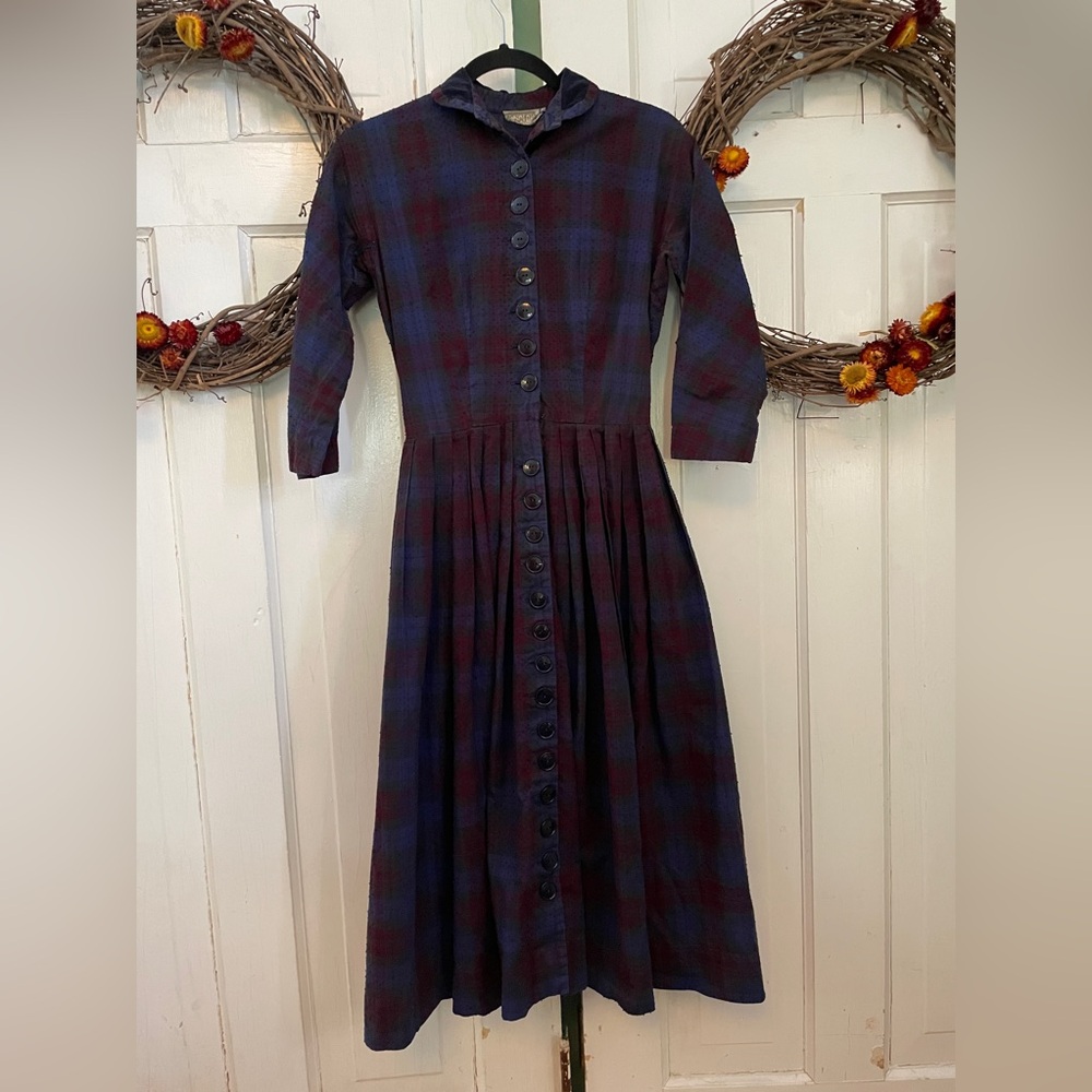L'aiglon Button Front Plaid Dress Vintage 1950s Size 12